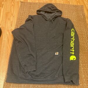 Carhartt Men's Dark Gray Hoodie with Neon Green Logo
